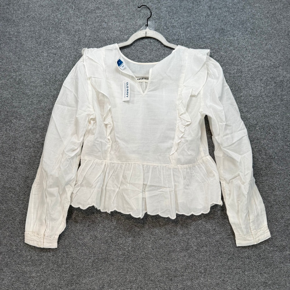 Old Navy Peplum Top Womens Small White Ruffle Scallop Hem Eyelet Cuff Blouse NEW